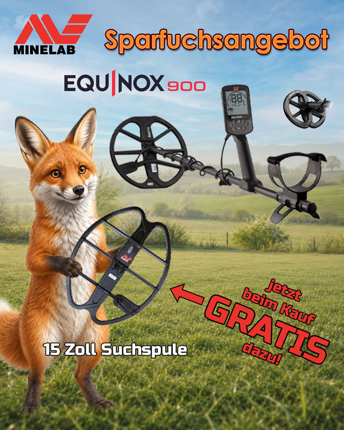 Minelab Equinox 900 Metalldetektor mit gratis M15 Suchspule